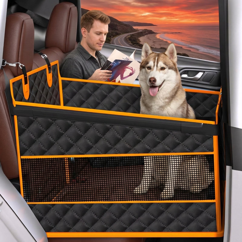 Extension de dossier conçue pour les canines de grande à moyenne taille; fabriqué en tissu Oxford imperméable avec un fond antidérapant; dispose d'un support structurel renforcé et de poches de rangement intégrées; finition noire; compatible avec les voitures, les camions et les VUS.