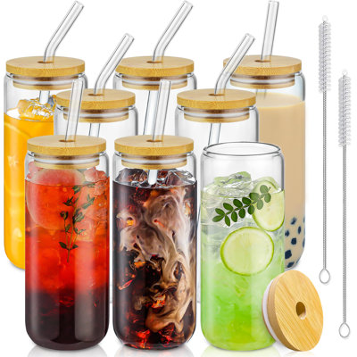 20 Oz Drinking Glasses With Bamboo Lids And Glass Straw(8 Pcs/Clear)