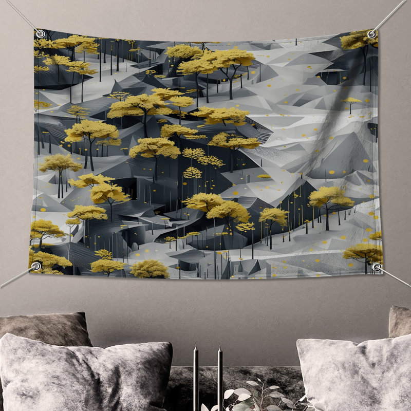 Tapisserie murale arbres jaunes sur les montagnes - Décoration murale paysage, 104 po H x 88 po avec 4 œillets