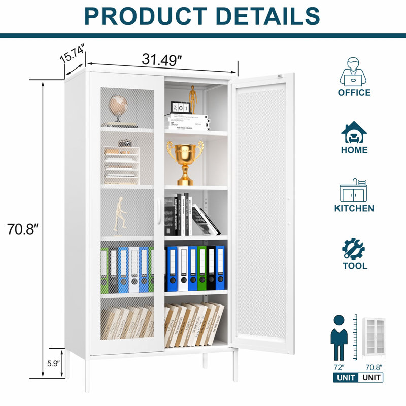 Armoire de rangement en métal avec 2 portes grillagées pour la maison et le bureau, Blanc