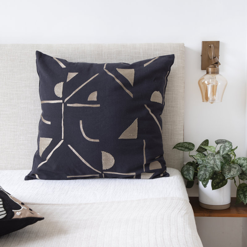 Black and Beige Embroidered Cotton Blend Square Throw Pillow