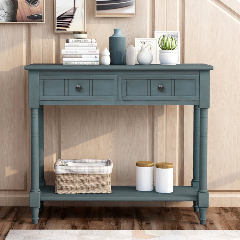 Ethan Console Table with Two Drawers & Bottom Shelf, Navy