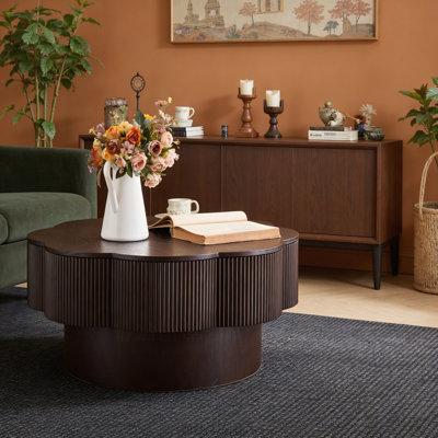 31.50" Flower Shaped Coffee Table With Storage, Natural Wood Veneer, Black | Gift Idea
