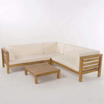 Outdoor Wooden Sectional Set With Cushions, Beige