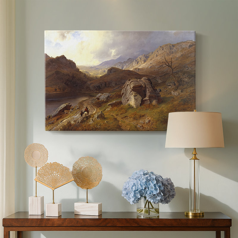 Paysage de montagne avec des cavaliers-Hans Gude-Toile tendue avec châssis-c. Milieu du 19e siècle, 24 po x 36 po