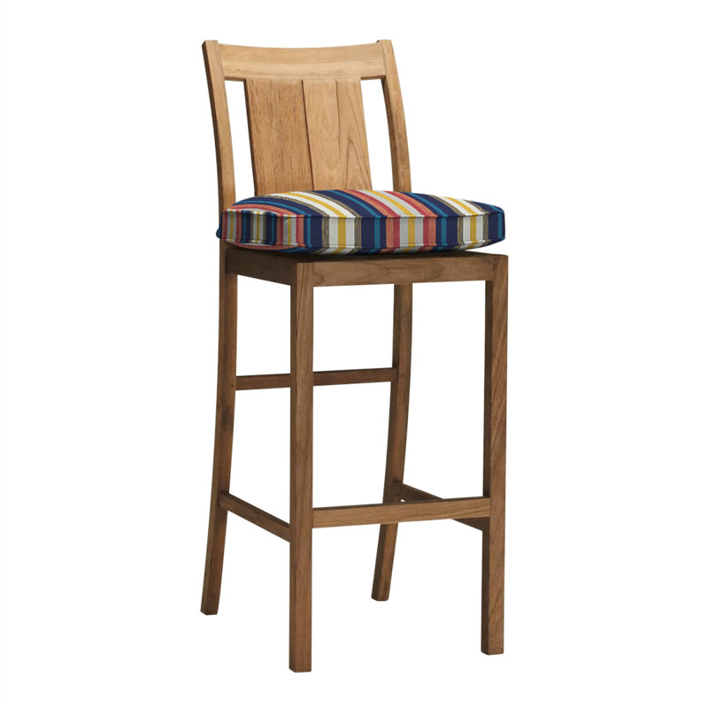 Croquet 24.5" Patio Bar Stool with Cushion, Welt, Natural Teak, Indigo Velvet