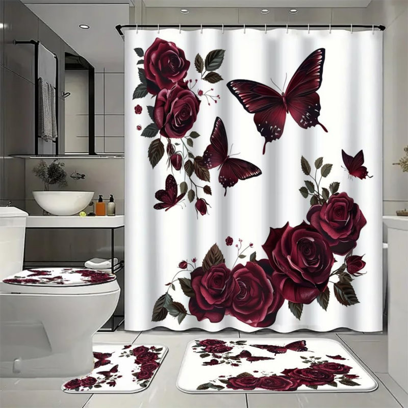 Ensemble de rideau de douche 4 pièces, Blue Butterfly Daisy