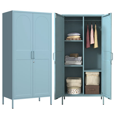 Blue Lockable Armoire Wardrobe Closet Storage Cabinet with Hanging Rod, 67" Metal Wardrobe Cabinet with 2 Doors and 3 Adjustable Shelves for Bedroom, Laundry Room, Cloak Room, Gym, Office