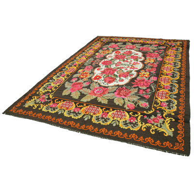 Moldovian Floral Machine Woven Rectangle 7'3"" x 10'9"" Cotton/Wool Area Rug in Pink/Yellow/Black -  Rug N Carpet, Lo-8684012087857