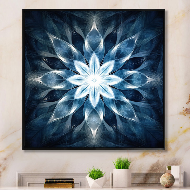 Turquoise et fleurs blanches fractales VI, H 24 po x l 24 po x P 1 po, Cadre flottant noir