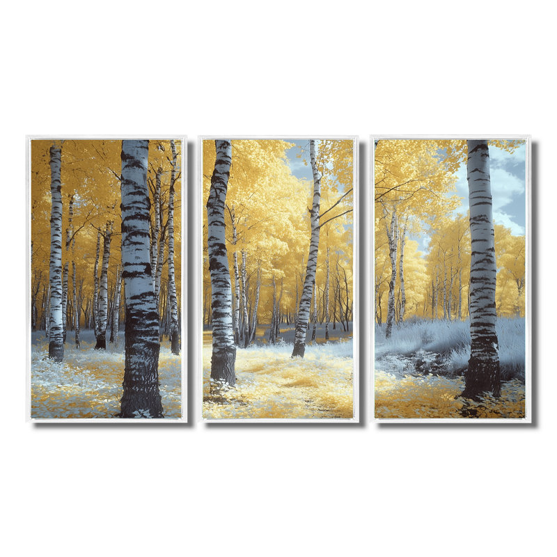 Ensemble de décorations murales forêt de bouleaux jaunes - Forêt I, Toile encadrée flottée blanche