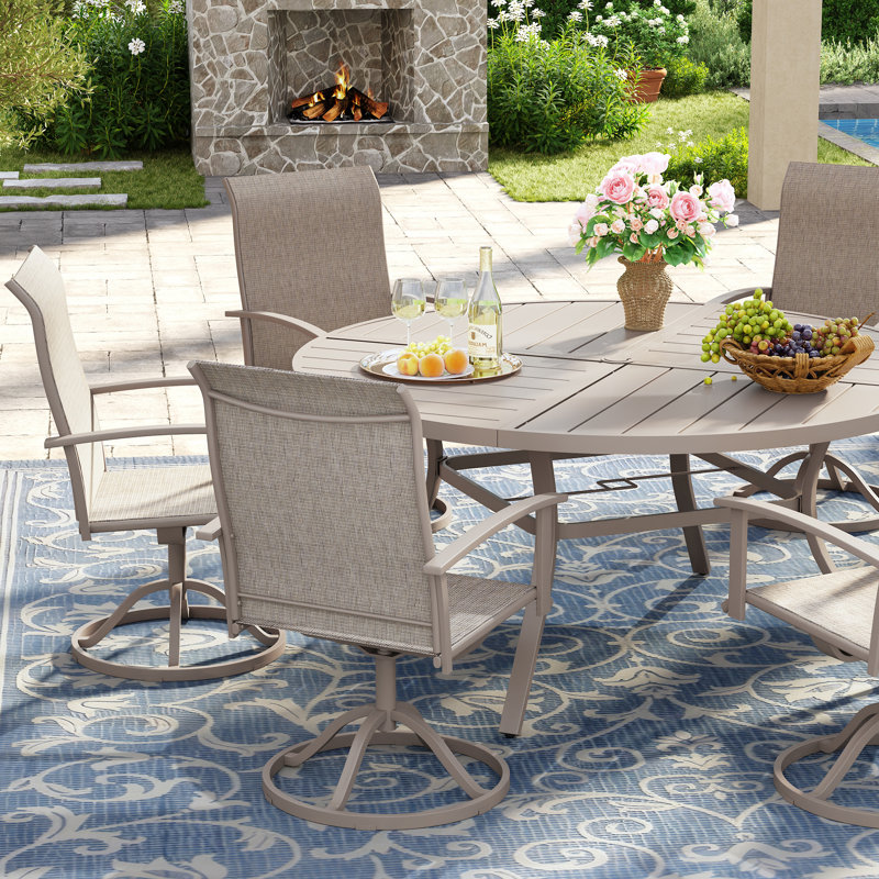 Ensemble de salle à manger de patio 7 pièces 7 pièces avec chaises pivotantes en textilène, Coquillage de sable