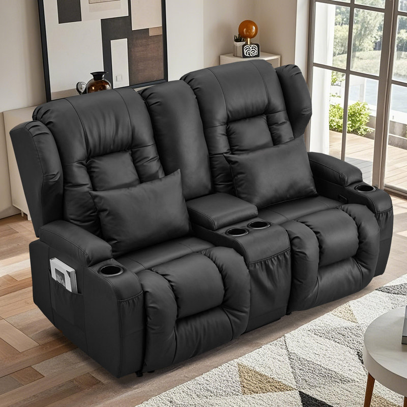 Causeuse manuelle inclinable avec console centrale, rangement et porte-gobelets, Similicuir noir