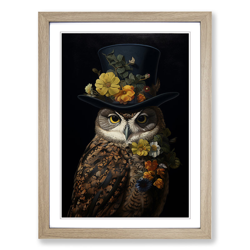 Owl Baroque - Single Picture Frame Print on Wood, Oak, 34cm H x 25cm W x 2cm D