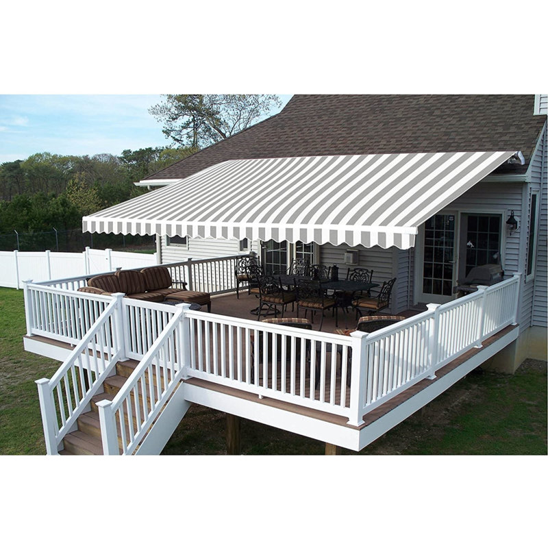 Retractable Patio Awning - White Frame, Gray/White, 10' W x 8' D 
