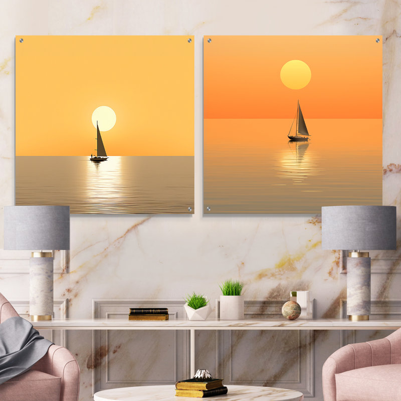 Photo de voilier jaune côtier calme - ensemble d'art mural en verre acrylique côtier de 2, H 36 po x l 73 po