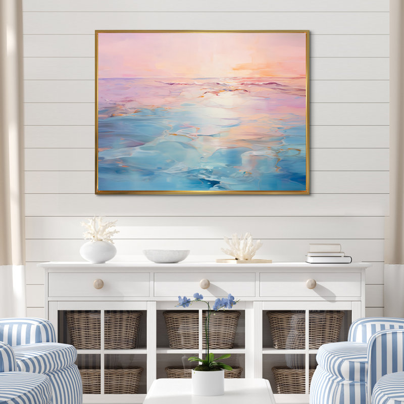 Rose et bleu pastel coucher de soleil - vagues côtières, art mural, H 12 po x l 20 po x P 1 po, Cadre flottant doré
