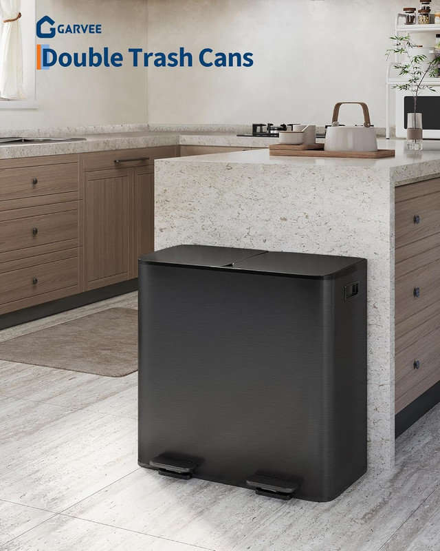 2 x poubelle double en acier inoxydable 8 / 10,6 gallons avec pédale, bac de recyclage de cuisine, 21,2 gallons, Noir mat