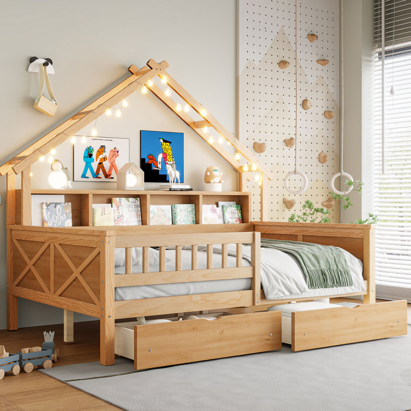 Lit plateforme en bois pleine grandeur avec lumières à DEL, tablettes de rangement, tiroirs et garde-corps, Naturel