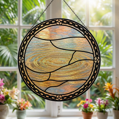 7.8"H Sunset Water Stained Glass Window Panel