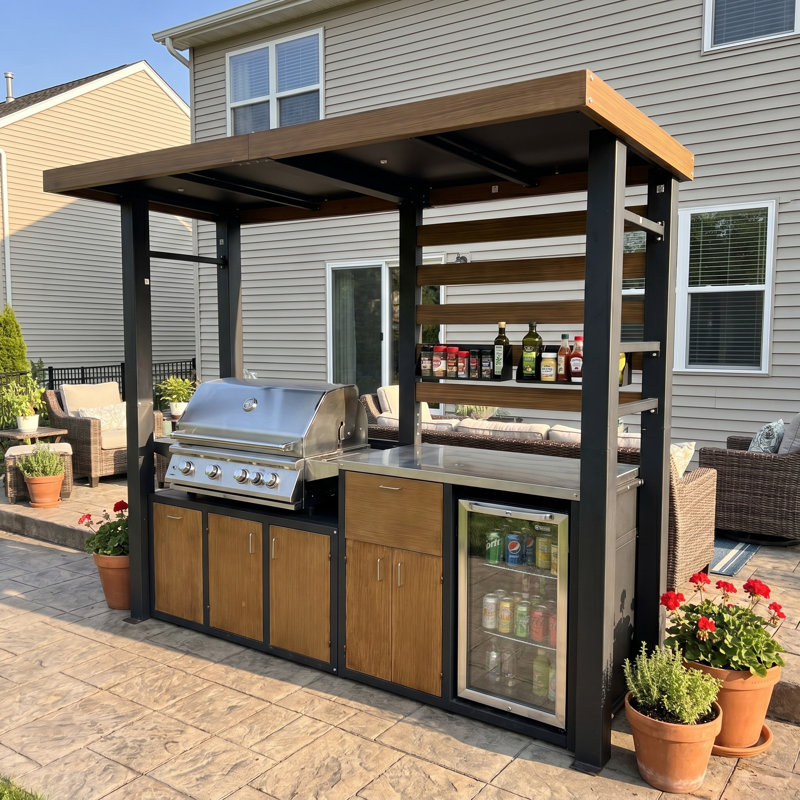  Cuisine d'extérieur avec abri grillagé 103,3 "avec abri grill 50,2", comptoir et rangement en acier inoxydable, Natural
