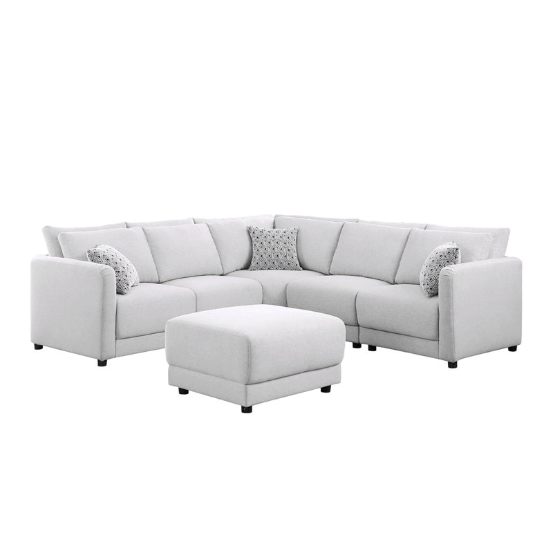 Penelope 94.5" Light Grey Linen Fabric Reversible L-Shape Sectional Sofa With Ottoman And Pillows, Left Hand Facing