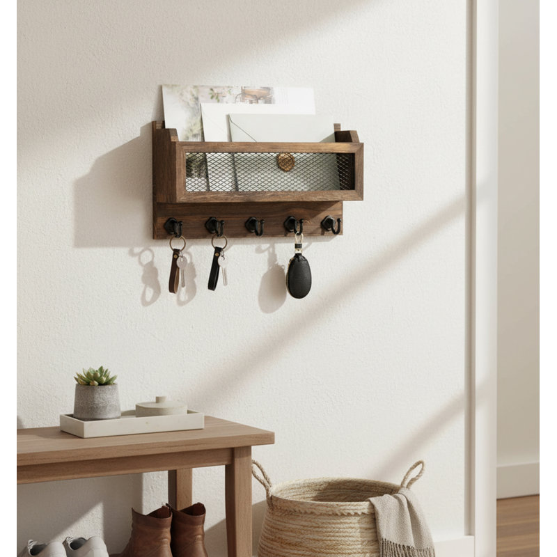 Wood Wall Organizer with Key Hooks, Brown