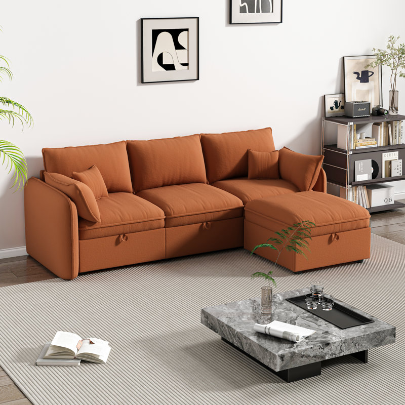 Canapé modulaire rembourré réversible 4 pièces Geralte, Molleton doux orange