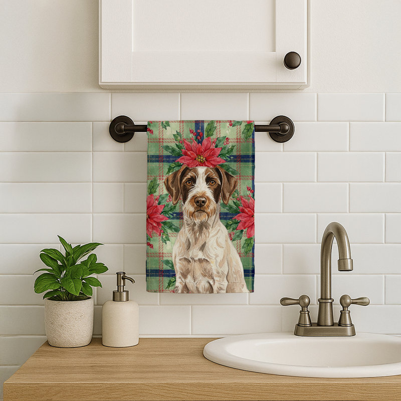 Liver and White German Wirehaired Pointer Christmas PoinsettIas Kitchen Towel, Liver/White German Wirehaired Pointer