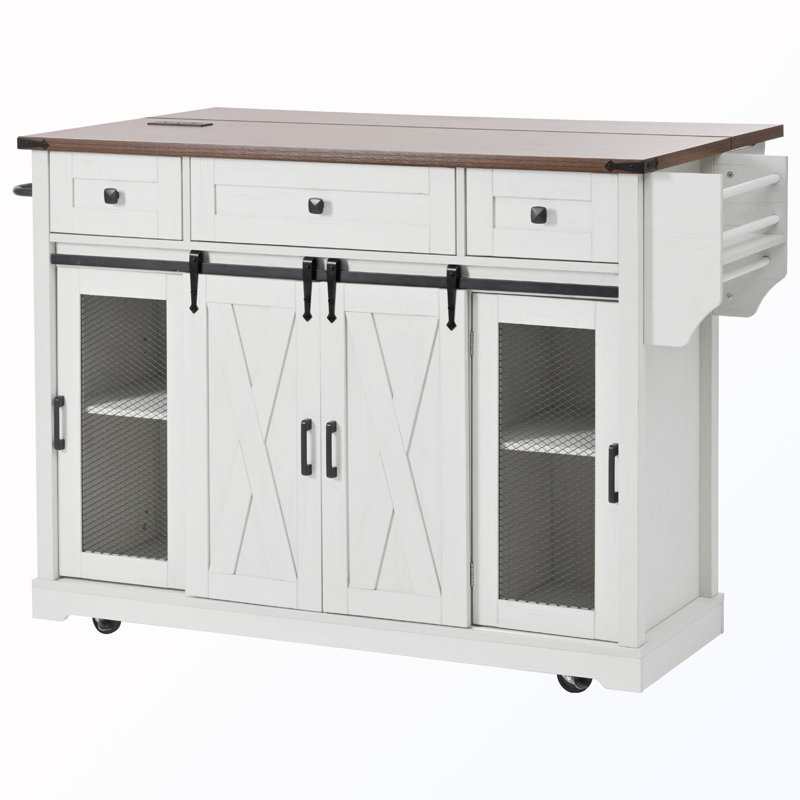Rolling Storage Kitchen Island with Sliding Barn Door & Spice Rack, Black