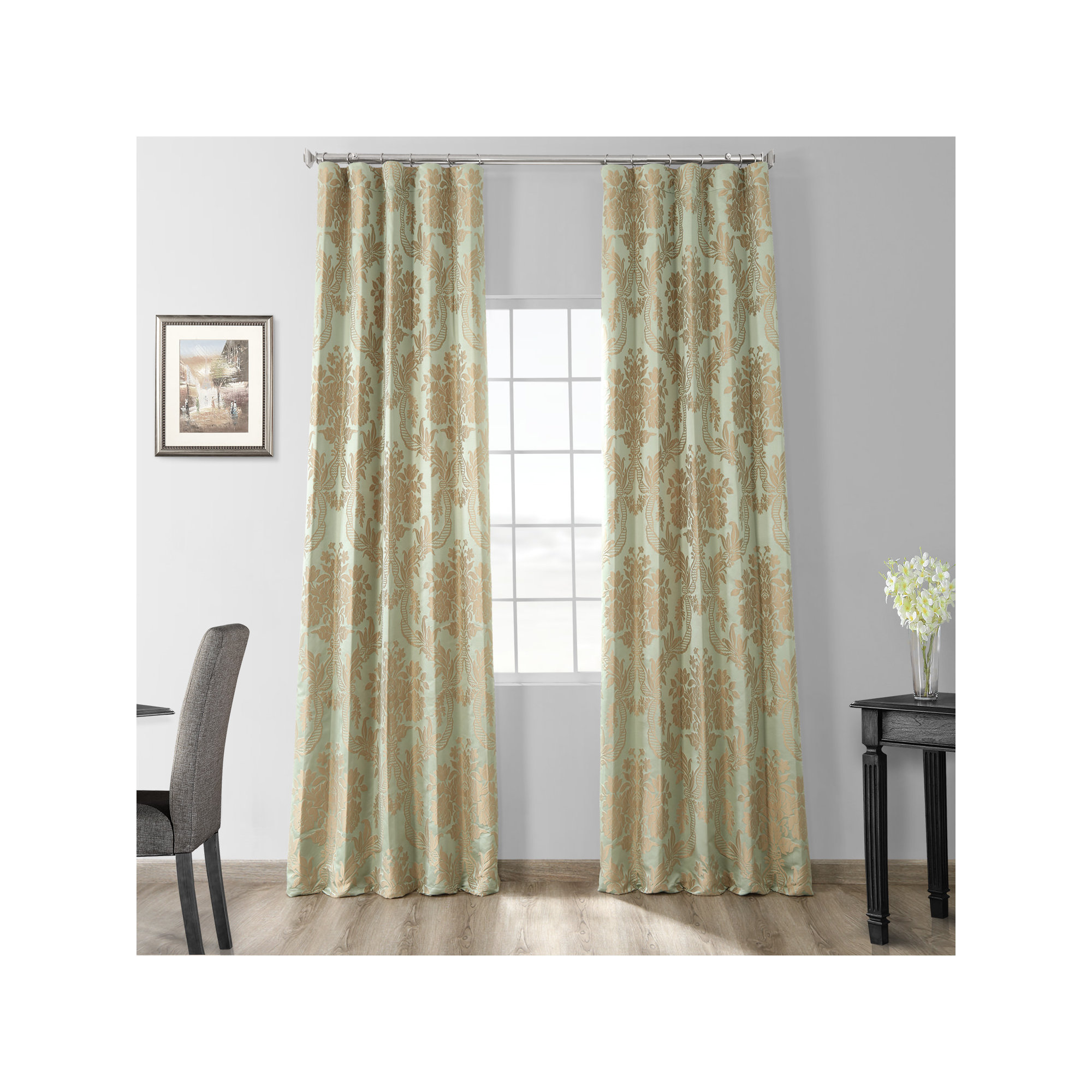 Ballsallagh Baroque Floral Faux Silk Jacquard Room Darkening Window Curtain -Single Panel, 50" W x 96" L, Magdelena Jade/Gold