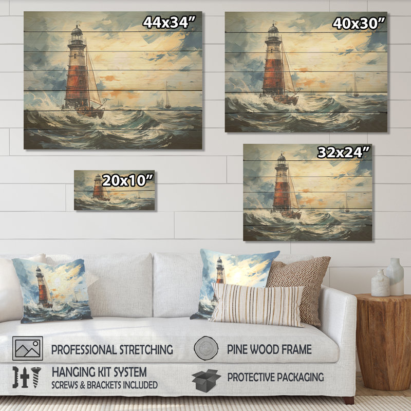 Phare sur mer orageuse II - Phares sur bois, H 10 po x l 20 po x P 0,78 po