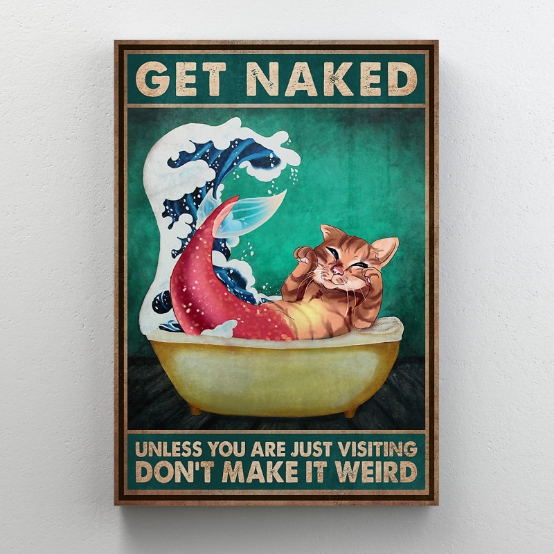 «Red Mermaid Cat» - Toile nue sur toile tendue - décor d'illustrations pour salle de bain et blanchisserie, décor de salle de bain rouge et bleu