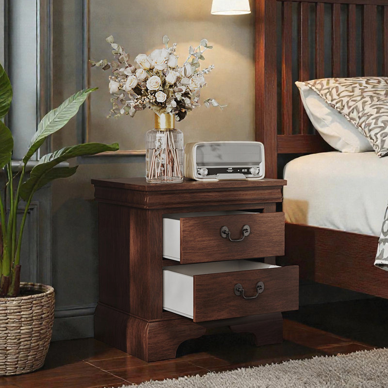 Classic Wooden Nightstand with Two Spacious Drawers and Elegant Hardware for Timeless Elegance and Versatile Use, Merisier