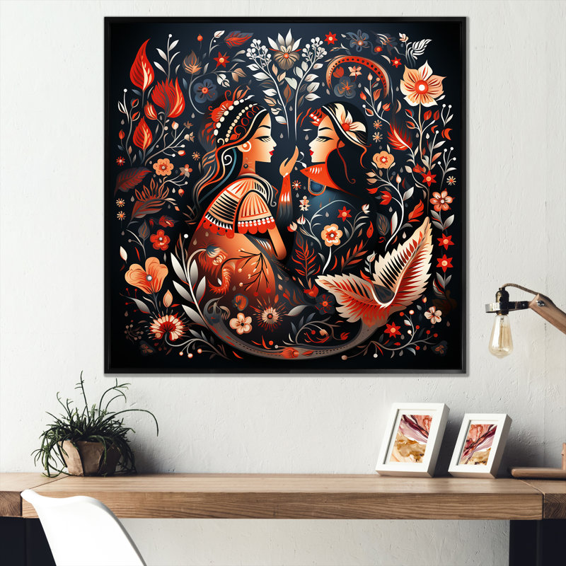 Art indien, Rajasthani Folklore Tales I - Art mural indien, Cadre flottant noir, H 16 po x l 16 po x P 1 po