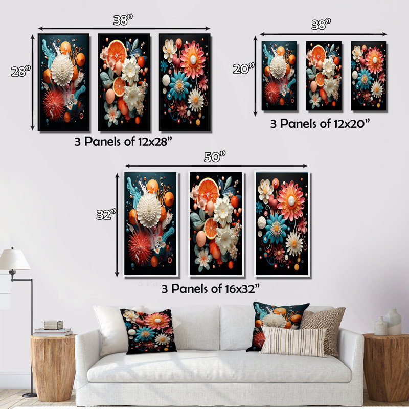 «Funky Foliage Vibrant Flowers On Black», 3 pièces, Toile tendue, H 28 po x l 36 po