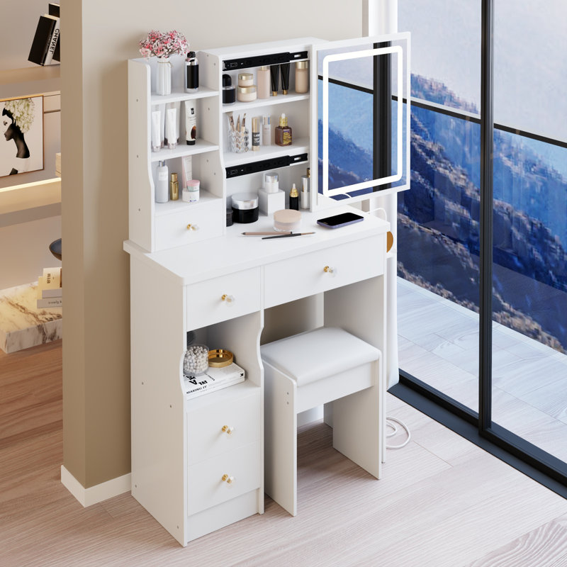 Petit meuble-lavabo de 29,2 po avec tiroir à gauche + tabouret rembourré, 2 blocs d'alimentation CA + 2 ports USB, support pour sèche-cheveux, très grand miroir coulissant à commande tactile à DEL, réglage de la luminosité tricolore, réglage de l