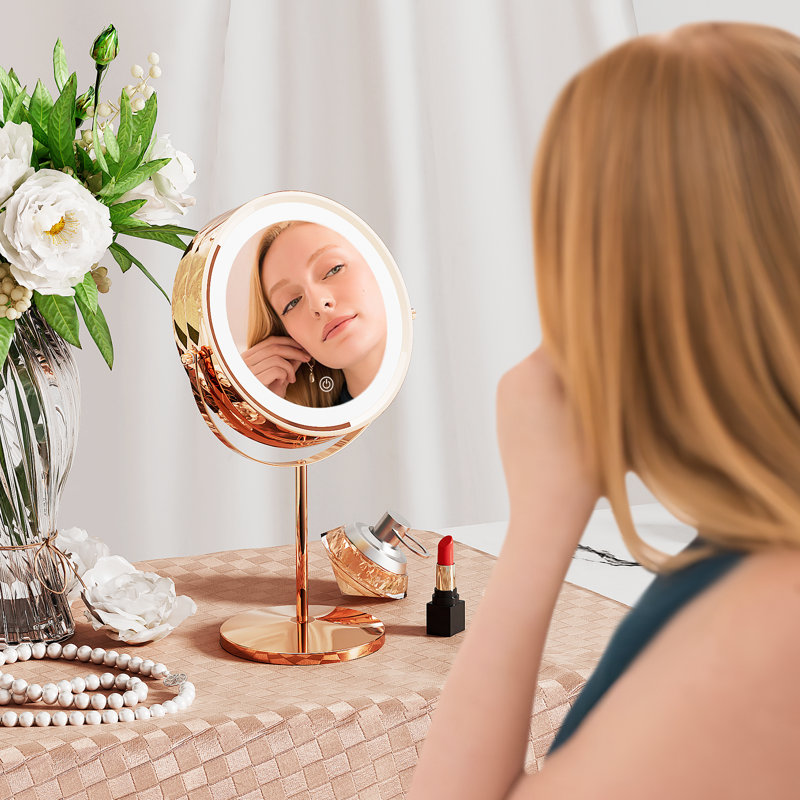 Circular Free Standing LED Make Up Mirror 10X Magnification, 360 Degree Swivel, Silver