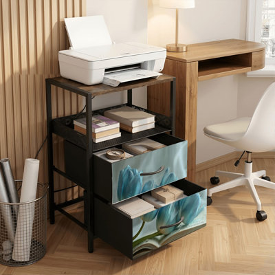 Table de chevet 2 tiroirs avec station de charge, table de chevet pour chambre à coucher avec ports USB, tablette ouverte noire, table de chevet avec tulipes bleu clair
