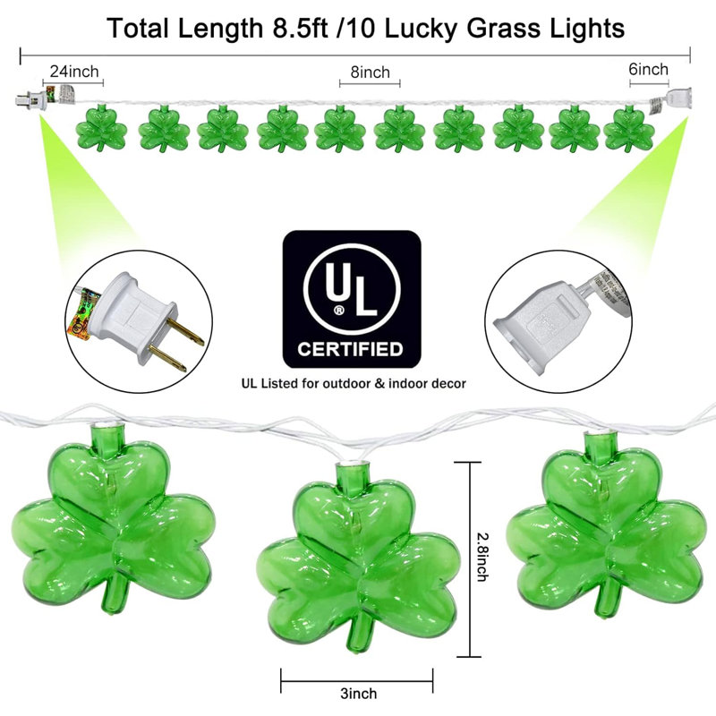 8.5FT Shamrock String Lights with 10 Clover Green Lights for St. Patrick's Day Decor