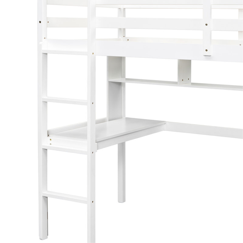 Twin Loft Bed With , Desk And Practical Bedroom Shelves Desk, Robust Stability, Blanc