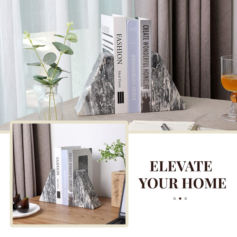 Natural Marble Bookends, Set Of 2, Afudik-Vein, 2.60" H x 4" W x 4.70" D, Gray