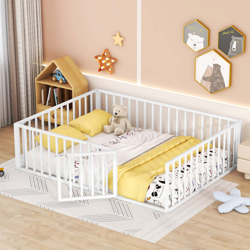 Metal Floor Bed Frame With Fence And Door, White, Queen