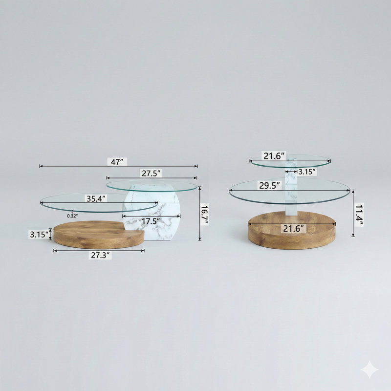 Table basse contemporaine à deux niveaux combinant des finitions en marbre blanc et grain de bois, plusieurs options de couleurs, faite de panneau de densité stratifié et de verre renforcé