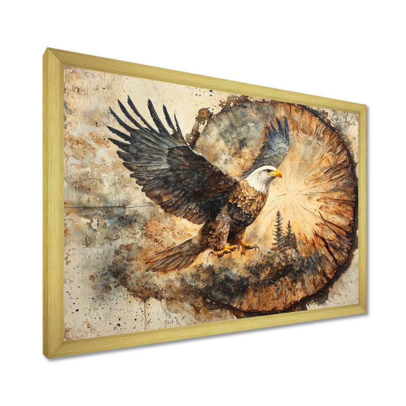 Giyana aigle dans une forêt, échos de la liberté II - grand art mural aigle, H 30 po x l 40 po, Cadre flottant, Doré