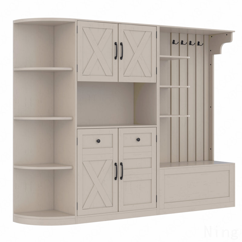 Multifunctional Left-Right Combination Hall Cabinet - 2 In 1 Storage Cabinet & Hall Tree With 4 Hooks, Beige