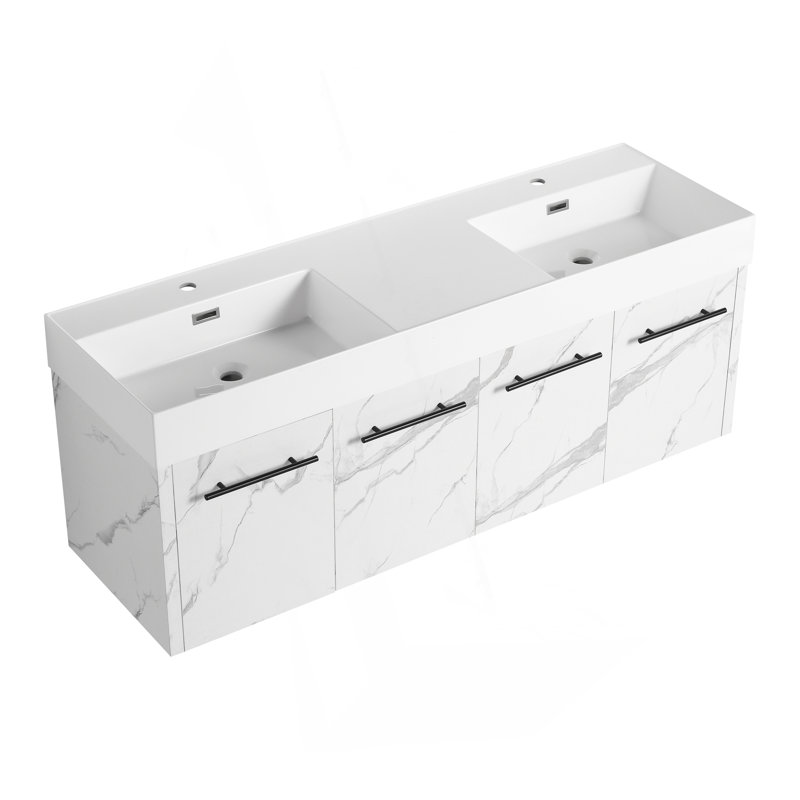 Meuble-lavabo mural de 60 po avec lavabo, lavabo double en résine à rebords épais, ensemble KD