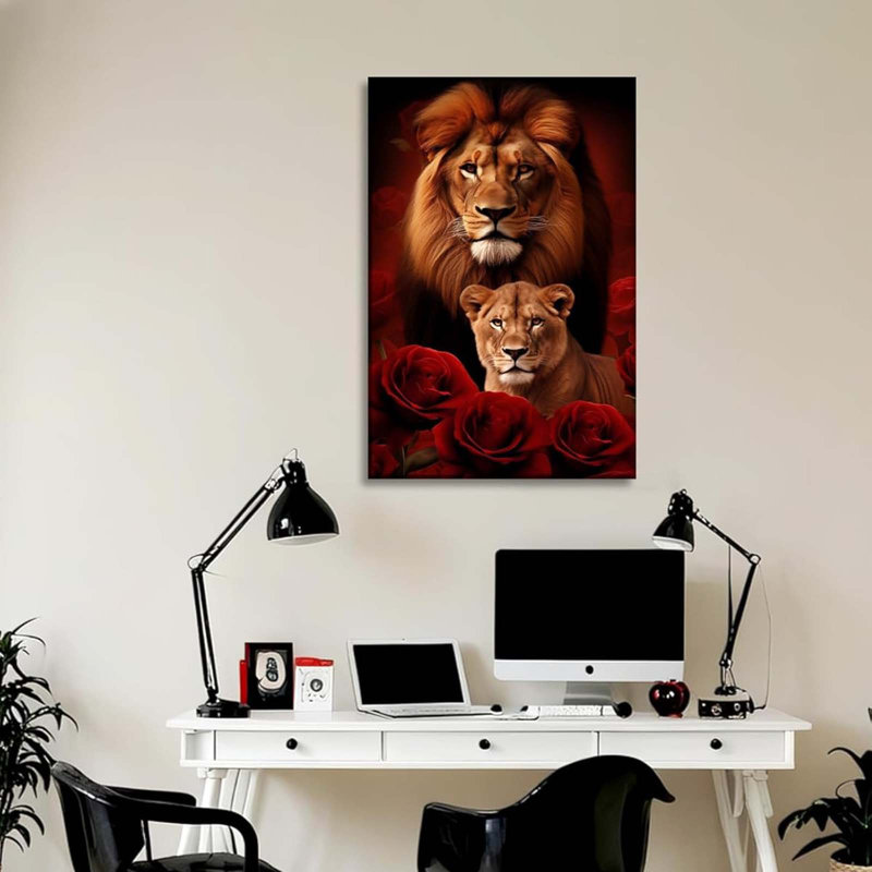 Lion Canvas Wall Art Lion And Lioness Decor Rose Flower Picture Animal Painting Contemporary Artwork, 45 cm H x 30 cm W