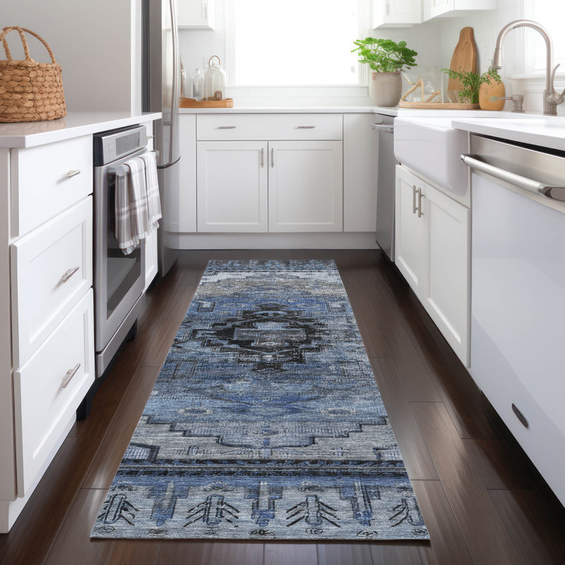 Machine Washable Indoor/Outdoor Xhevrie Blue Rug, Runner 2'3" x 7'6"