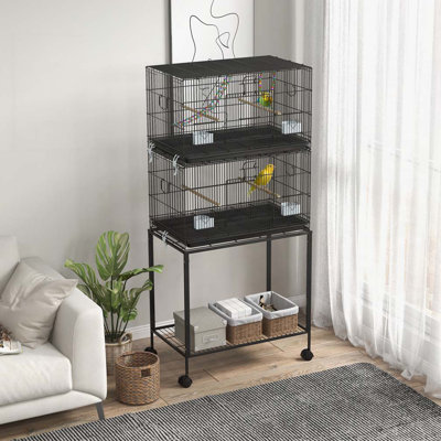 PawHut Double Stackable Bird Cage with Stand, Wooden Swing, Rope Ladder & Wheels for Canaries, Lovebirds Finches, Budgie Cage with Storage Shelf, Removable Tray, Wooden Perches & Food Containers